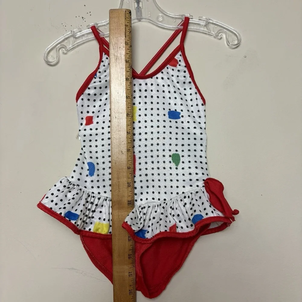 VTG Ruffle Bow Girls White Black PolkaDot Red Trim Swimsuit Bathing Suit 12-18M